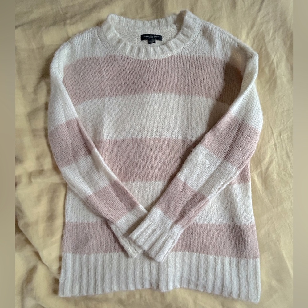 Fuzzy Pink and White Striped Crew Neck Sweater